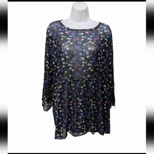 NWT Avenue Mesh Semi Sheer Top Blouse Long Sleeve 26/28 Dark Whimsical #7500